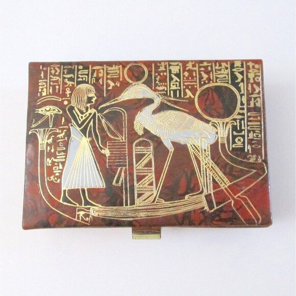 Vintage Camel Leather Egyptian Jewelry Box Eye Of Ra Bird Boat Hieroglyphics